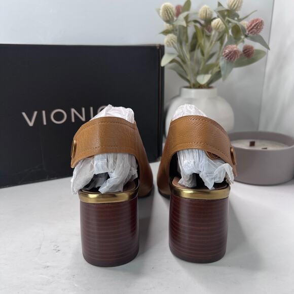 Vionic Valencia Leather Chunky Heeled Sandal Block Heel Tan Women's 7 NWB - Picture 4 of 11